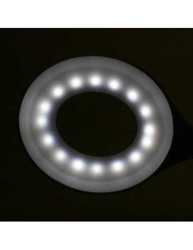 Lampe annulaire LED serpent sur le bureau blanc