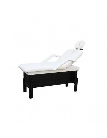 Beige fixed massage table with wooden box