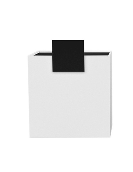 White wood reception desk - black decor