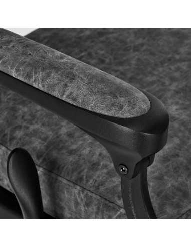 Cavalese Friseurstuhl aus altem grauem Leder, vergrößerte Ansicht, gepolsterte Armlehnen