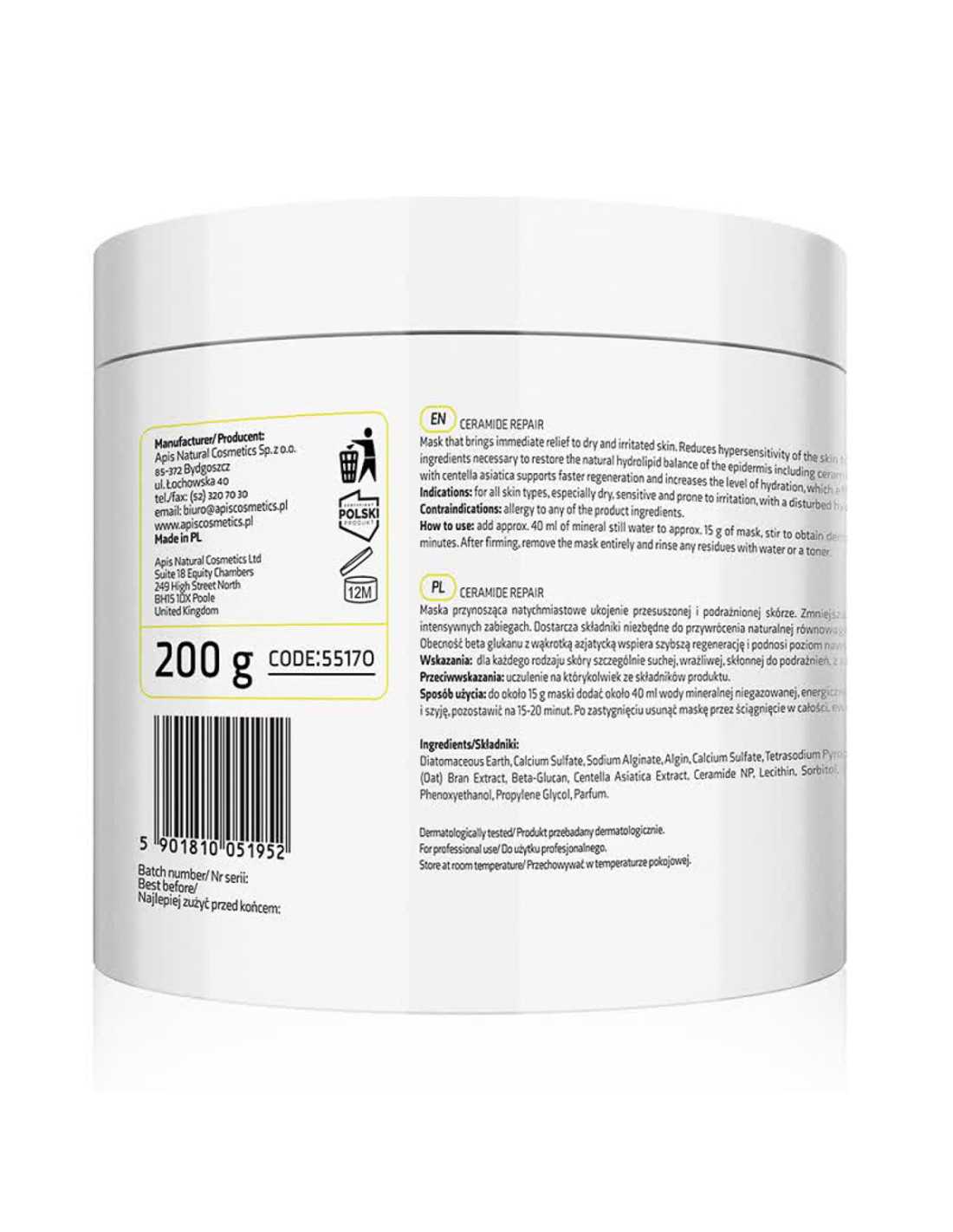 Apis CERAMIDE REPAIR Kojąca máscara algowa z ceramidami e beta glukanem 200 g 