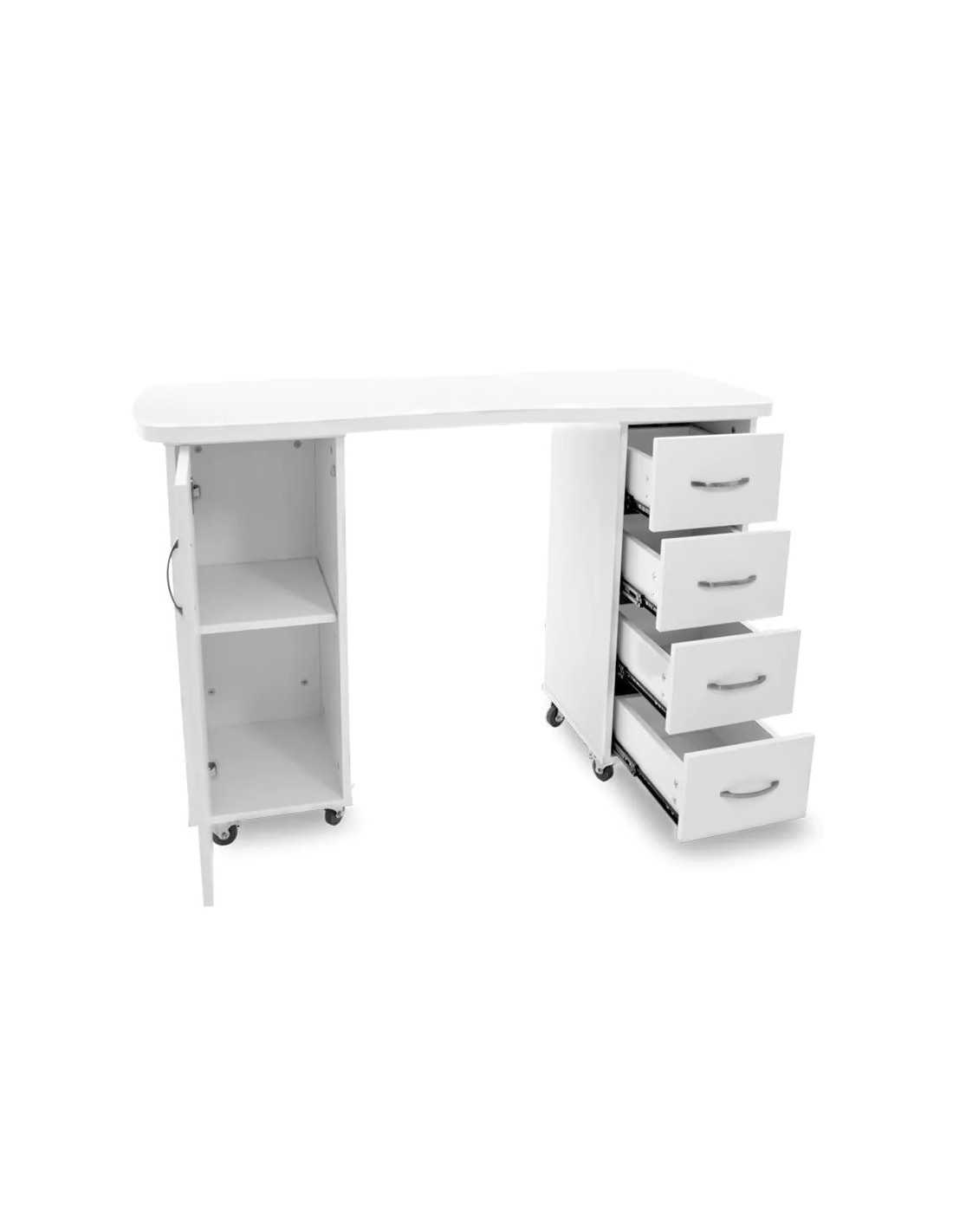 Table manucure blanche avec tiroirs et placard sur roulettes 