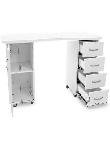 Table manucure blanche avec tiroirs et placard sur roulettes 
