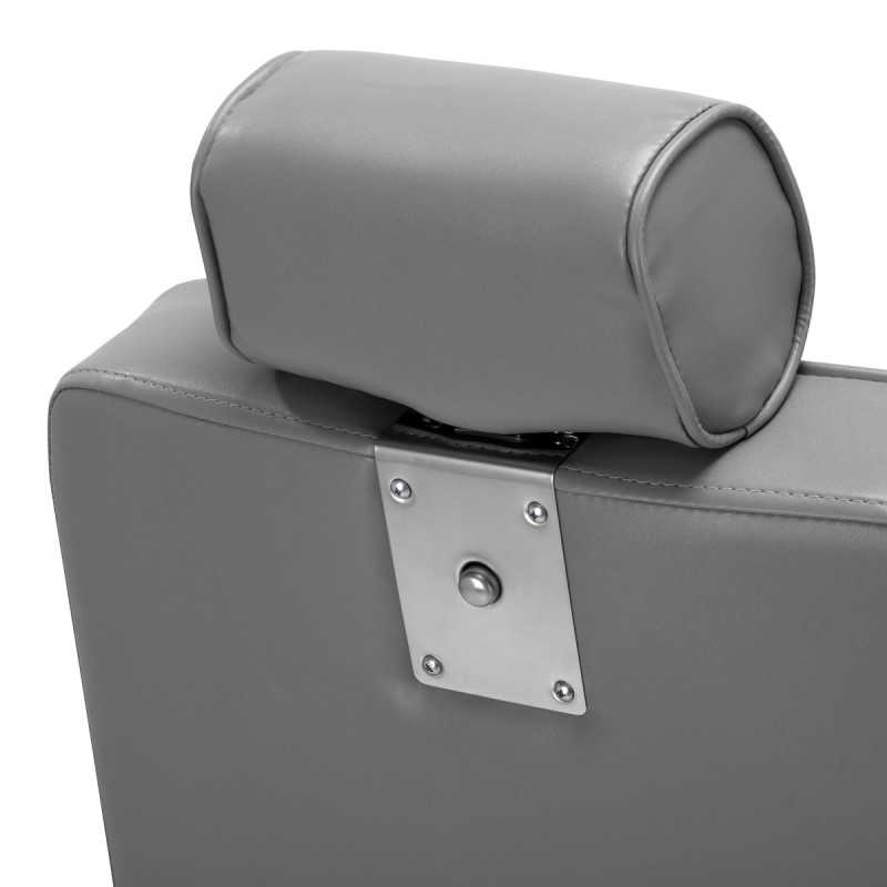 Majestuoso sillón de peluquero gris plateado con vista trasera y reposacabezas