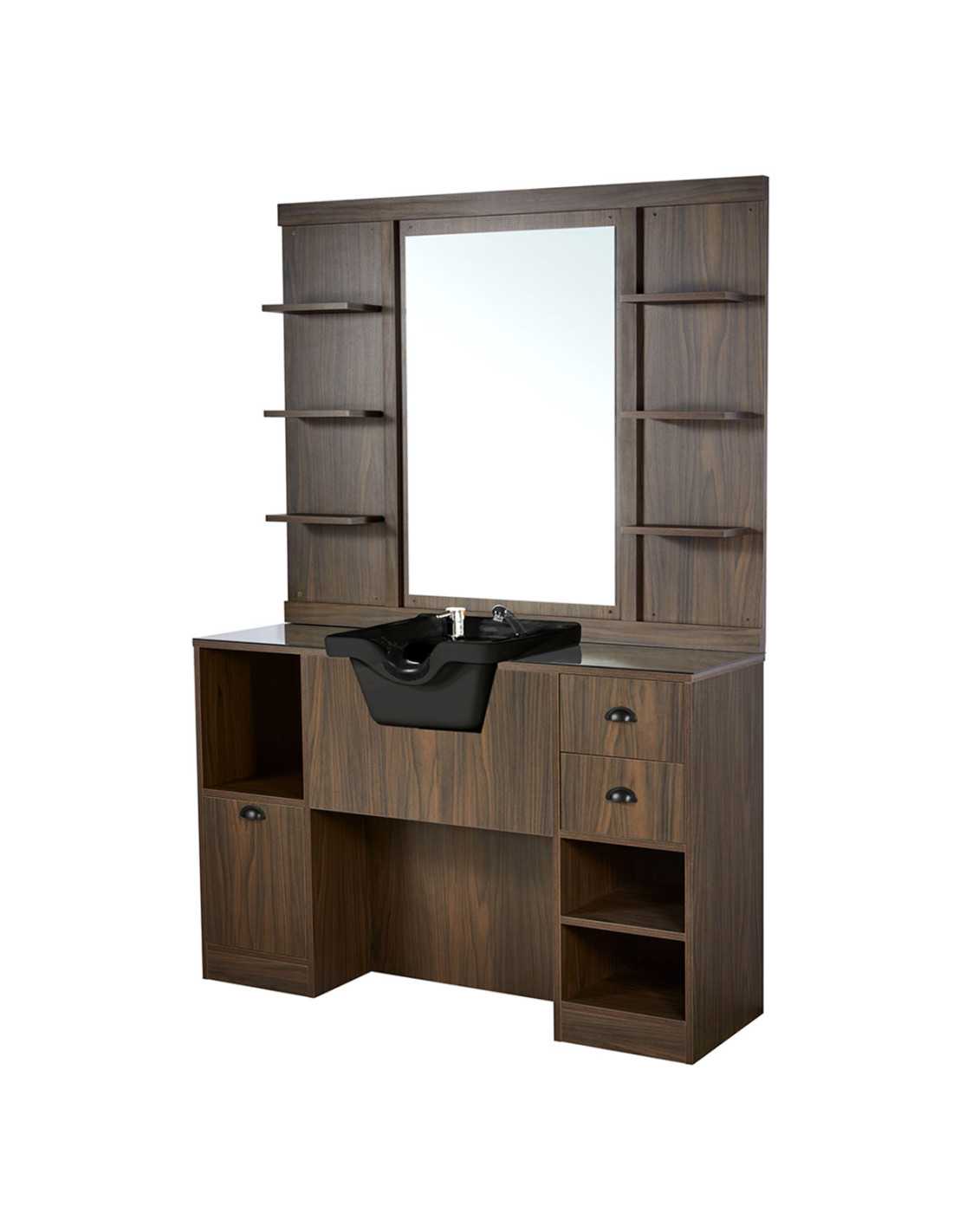 Donkere walnoot kapperszaak stylingstation – Design & spoelbak
