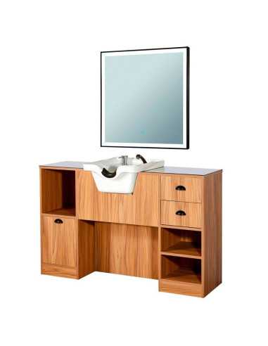 8B LED-Friseurstation aus hellem Holz mit Waschbecken und Spiegel