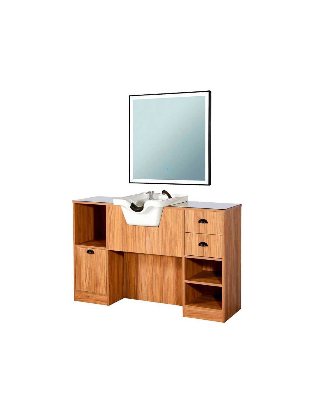 8B LED-Friseurstation aus hellem Holz mit Waschbecken und Spiegel