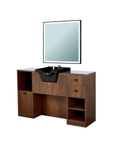 8B Friseurstation, helles dunkles Holz, mit Waschbecken und Spiegel
