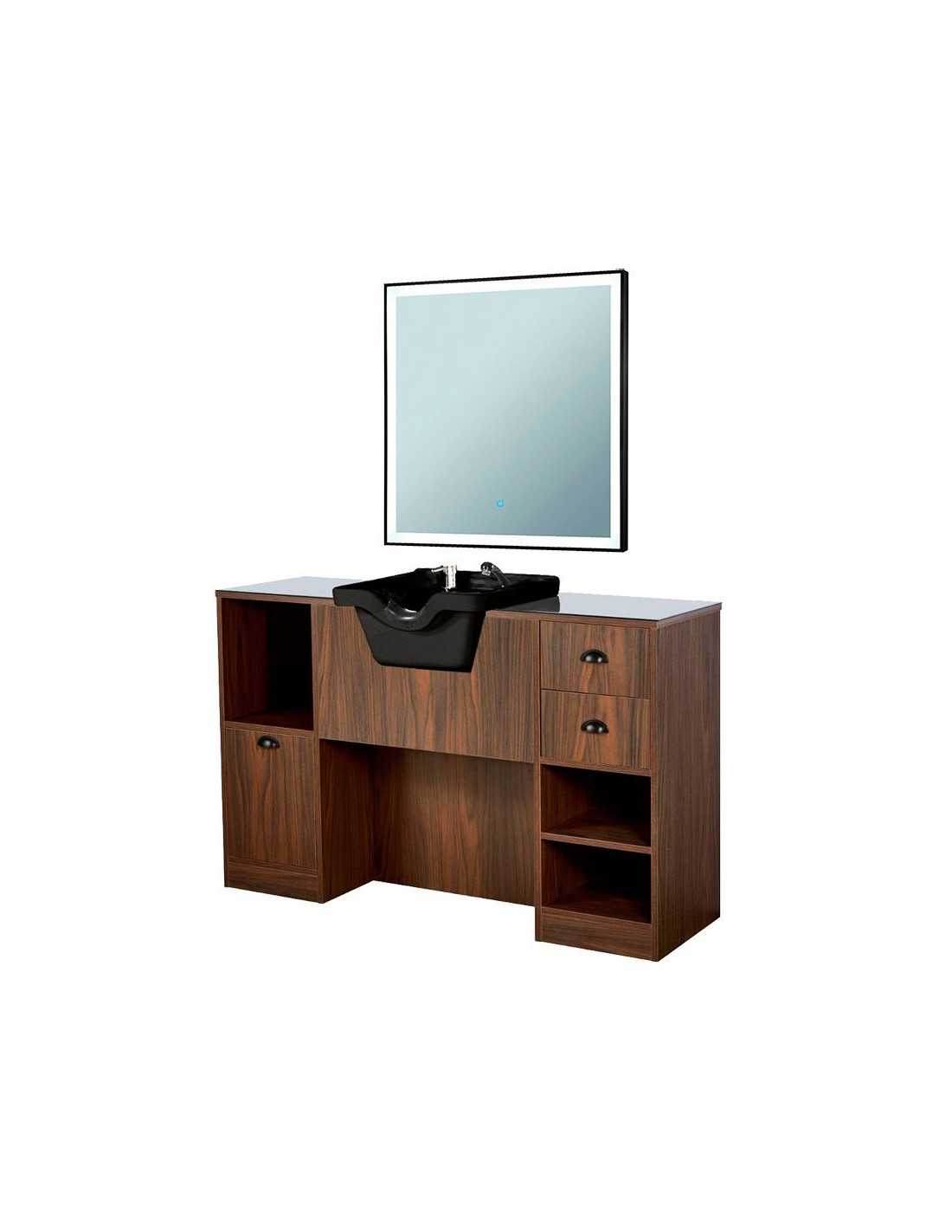 8B Friseurstation, helles dunkles Holz, mit Waschbecken und Spiegel