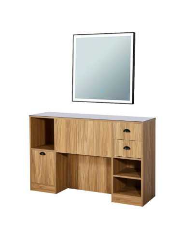 8B LED Barbershop Stylingstation in hellem Holz – Spiegel & professionelle Ablage