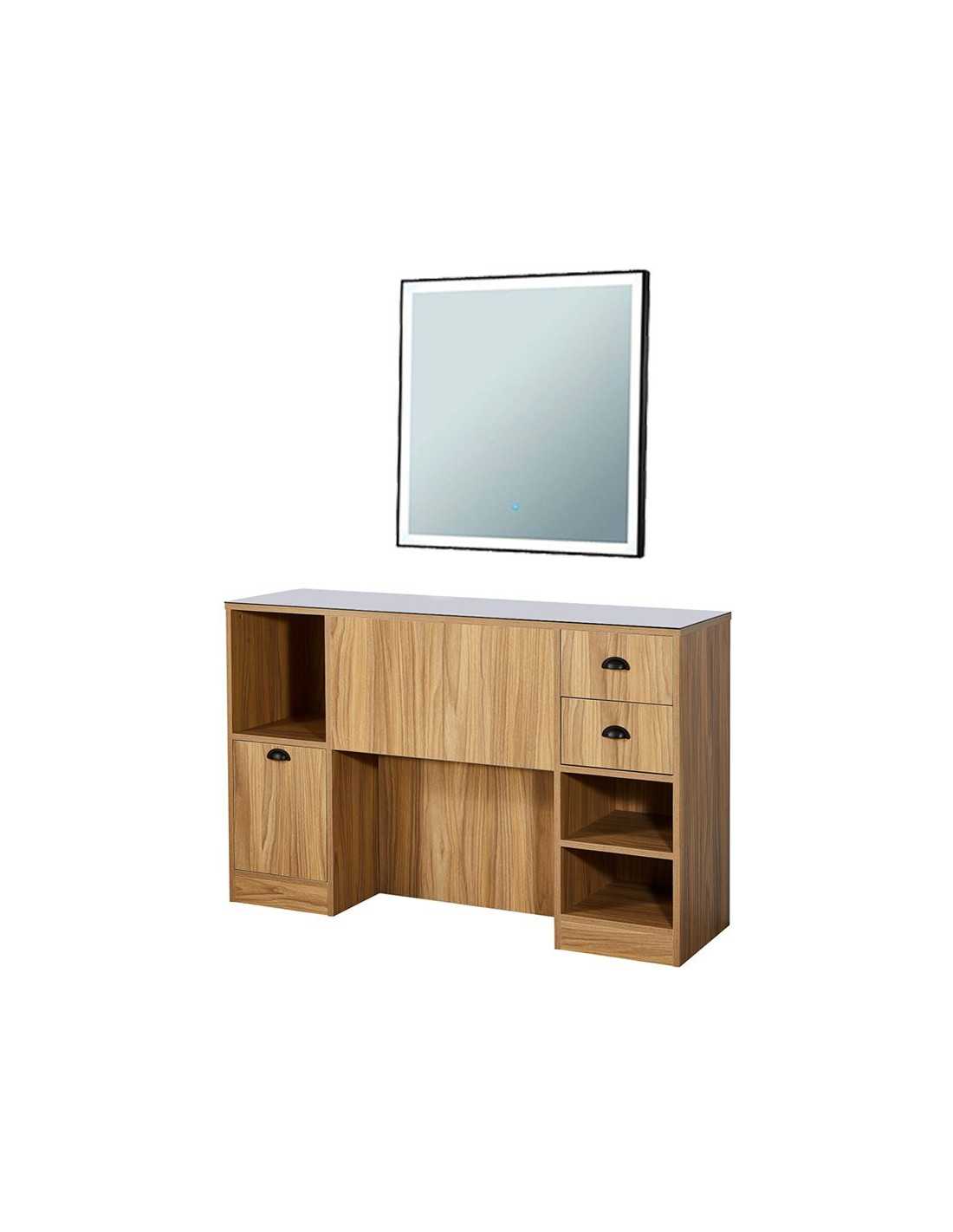 8B LED Barbershop Stylingstation in hellem Holz – Spiegel & professionelle Ablage