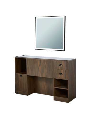Barbershop 8B LED Donkere Walnoot Styling Station – Spiegel & Professionele Opbergruimte