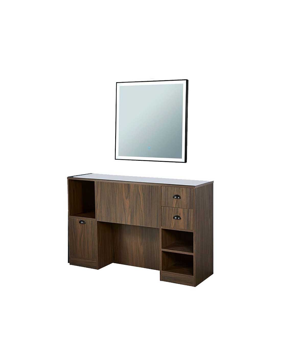 Barbershop 8B LED Donkere Walnoot Styling Station – Spiegel & Professionele Opbergruimte