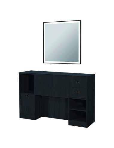 Station coiffage barbershop 8B LED Noir mat – miroir & rangements pro