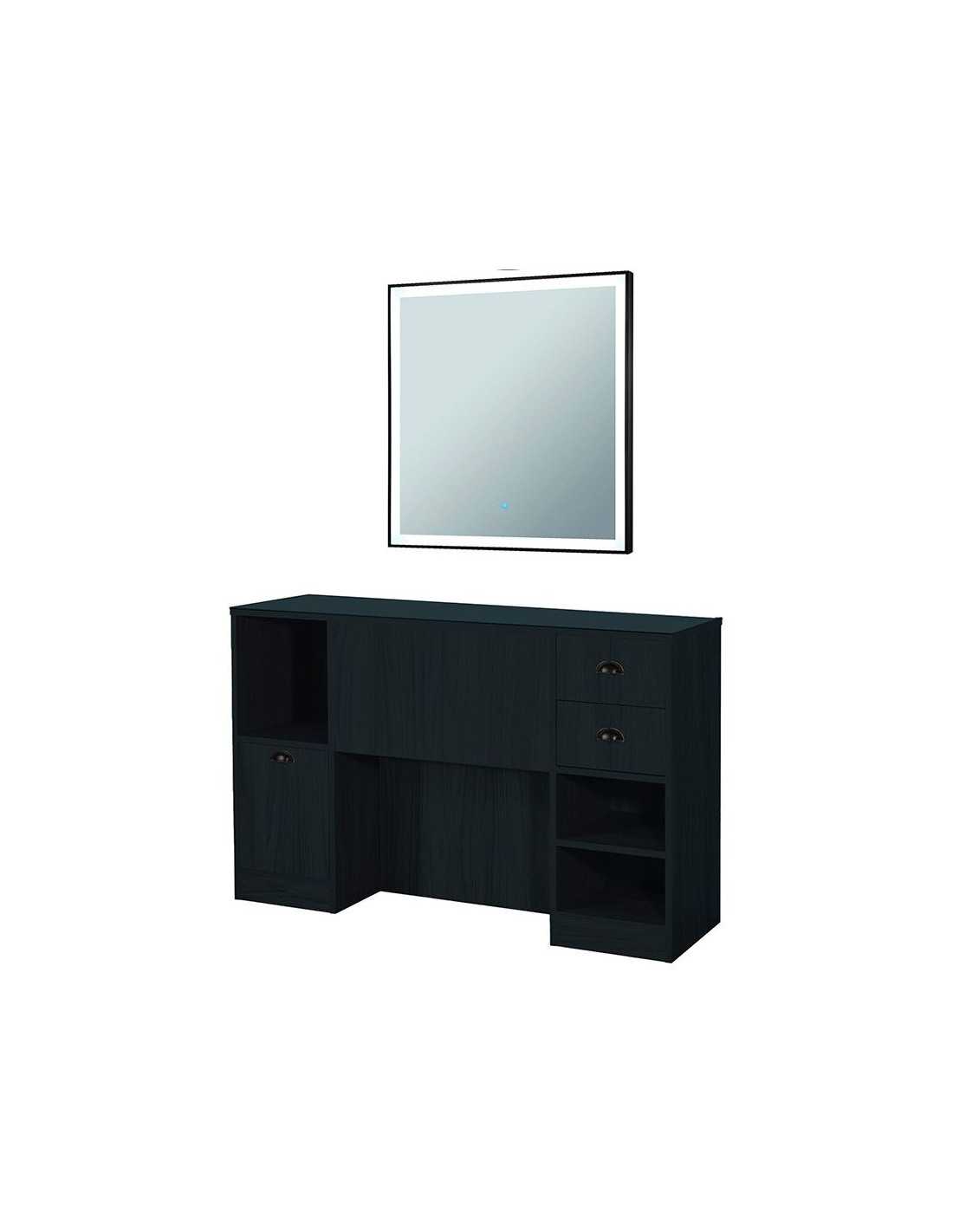 8B LED Barbershop Styling Station Matte Black – Mirror & Professional Storage