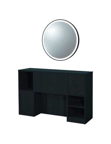 Barbershop 8B LED Mattschwarze Styling-Station – Runder Spiegel & Aufbewahrung
