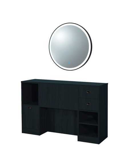 Barbershop 8B LED Matte Black Styling Station – Round Mirror & Storage