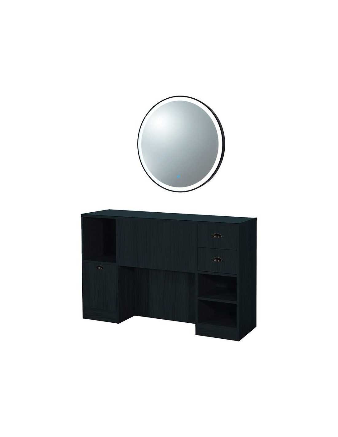 Barbershop 8B LED Mattschwarze Styling-Station – Runder Spiegel & Aufbewahrung