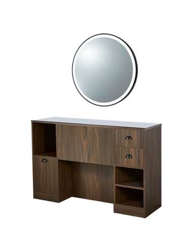 Barbershop 8B LED Styling-Station aus dunklem Walnussholz – runder Spiegel und Aufbewahrung