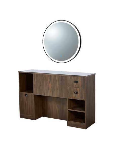 Barbershop 8B LED Dark Walnut Styling Station – Round Mirror & Storage