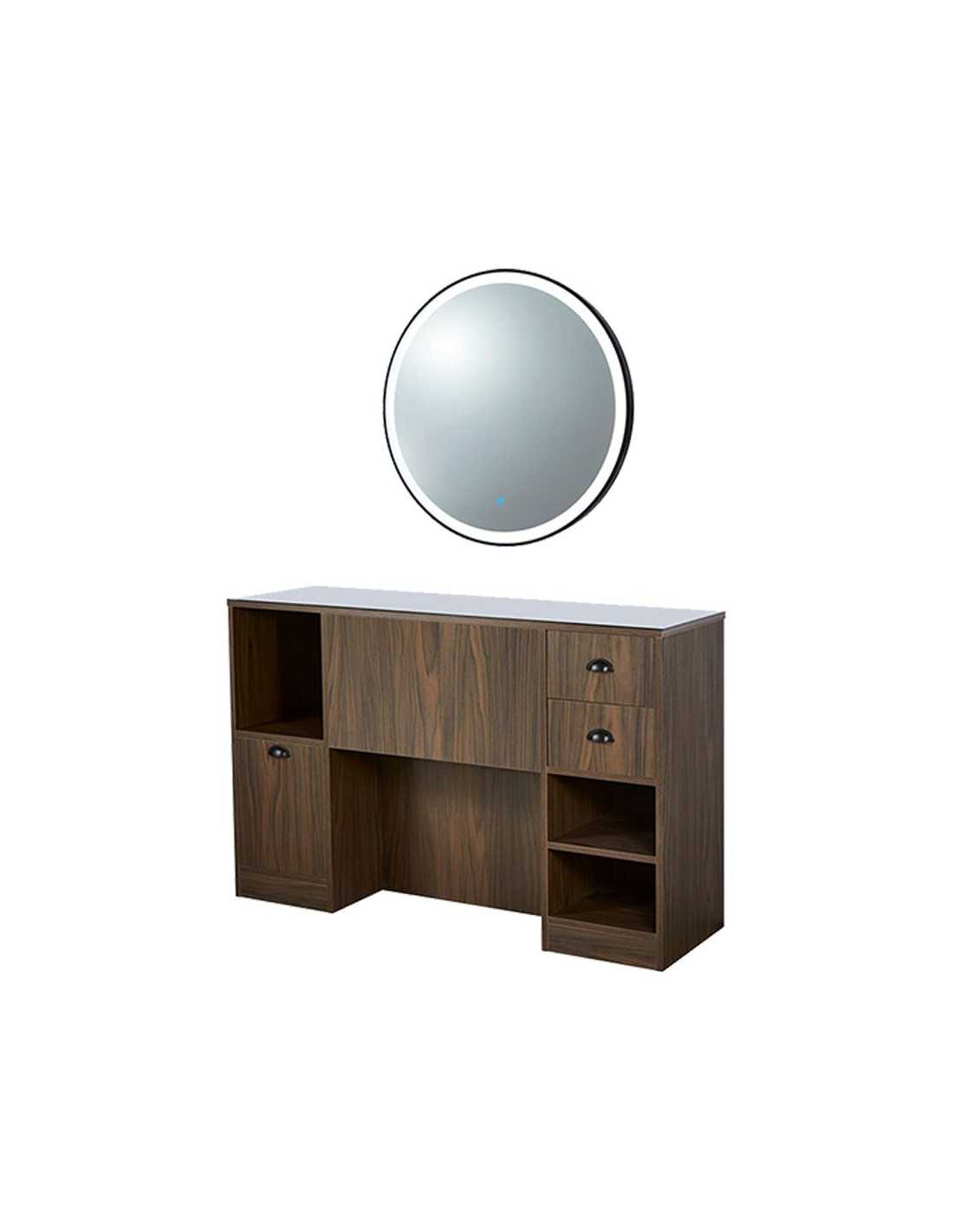 Barbershop 8B LED Styling-Station aus dunklem Walnussholz – runder Spiegel und Aufbewahrung