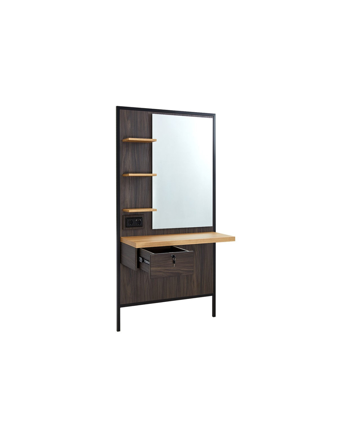 Poste de Coiffure Mural Électrifié Milano Style – Bois & Miroir LED 