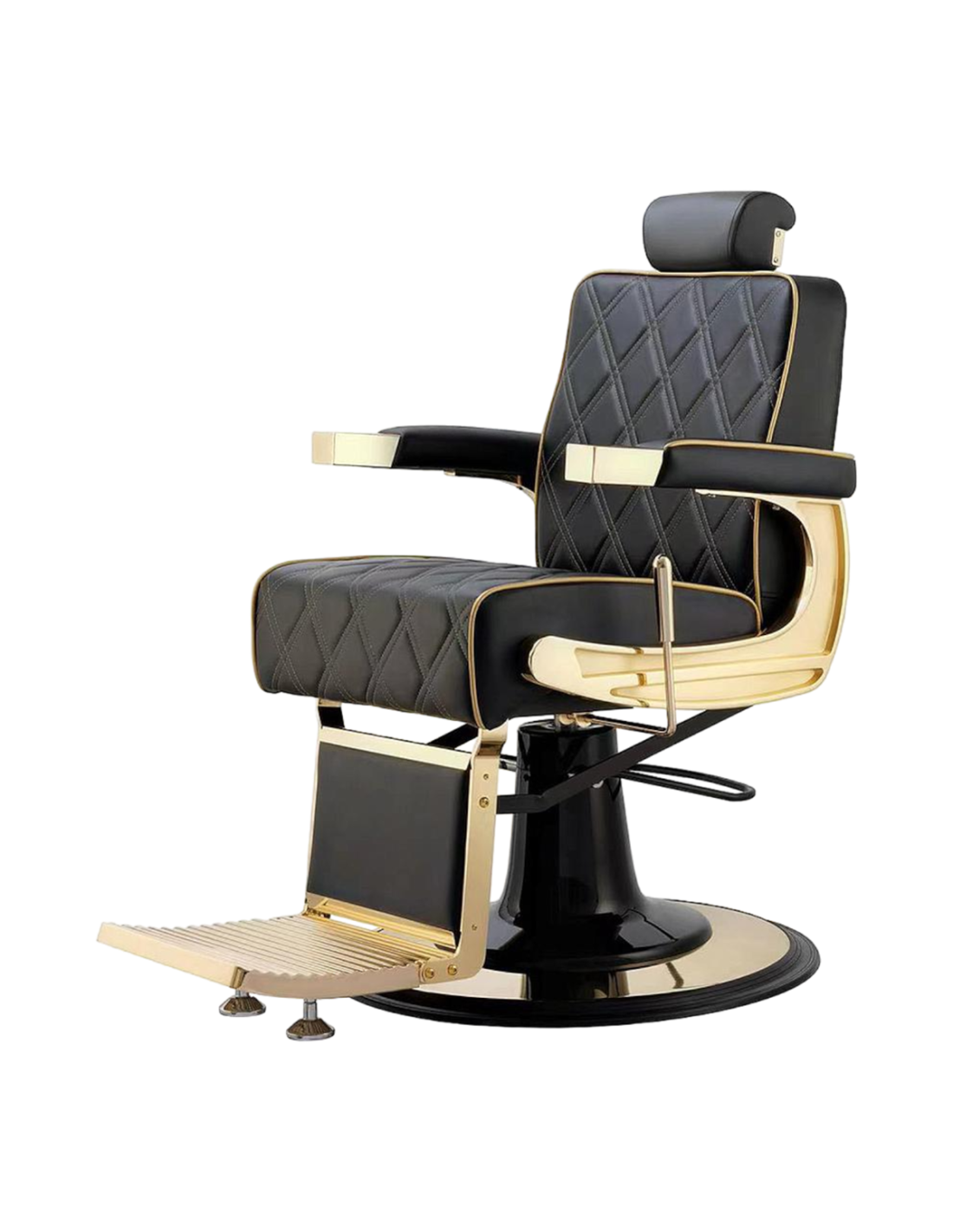 Sillón de barbero Maximus Black Gold: Confort de lujo y estructura de acero.