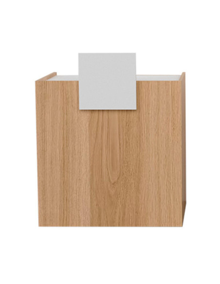 Oak wood reception desk with white decor