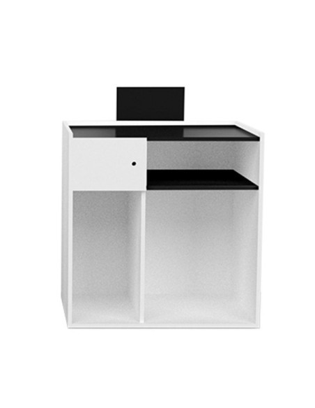 Balcão de recepção de madeira branca com decoração preta