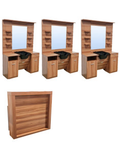 Conjunto de mobiliario para barbería, estaciones de trabajo y mostradores.