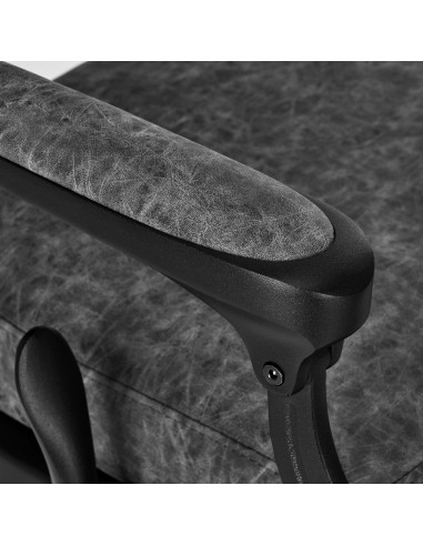 Cavalese Friseurstuhl aus altem grauem Leder, vergrößerte Ansicht, gepolsterte Armlehnen