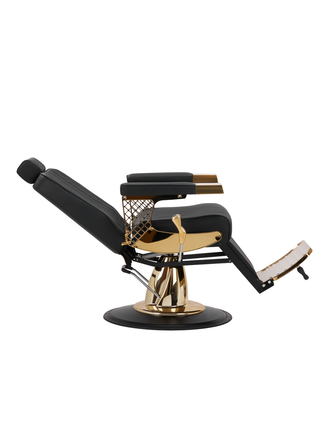 Cadeira de barbeiro preta Gold Line – Elegância de alta costura e acabamentos premium