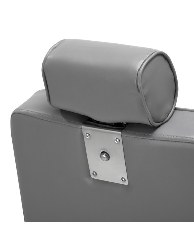 Majestuoso sillón de peluquero gris plateado con vista trasera y reposacabezas