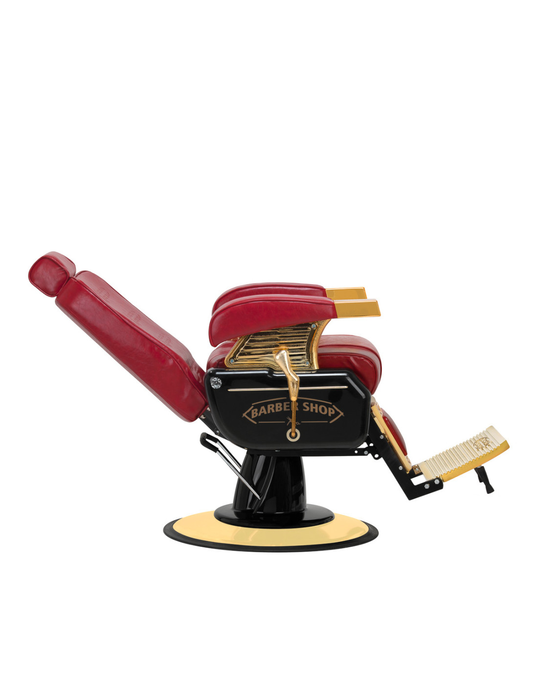 Majestic Gold Friseurstuhl mit roter Neigungsansicht