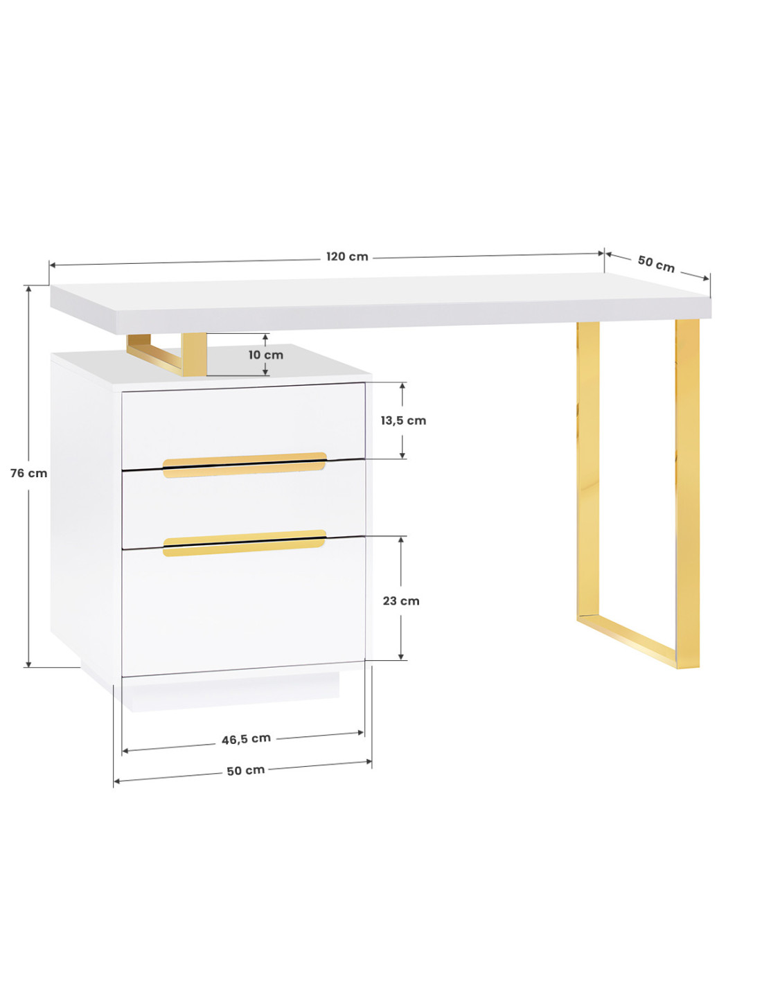 Jessy White Maniküretisch – Weiß-Gold-Design mit integriertem Stauraum Abmessungen Ansicht