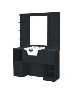 Poste de coiffage barber noir mat – vasque intégrée & rangement pro