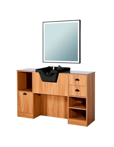 8B LED-Friseurstation aus hellem Holz mit Waschbecken und Spiegel