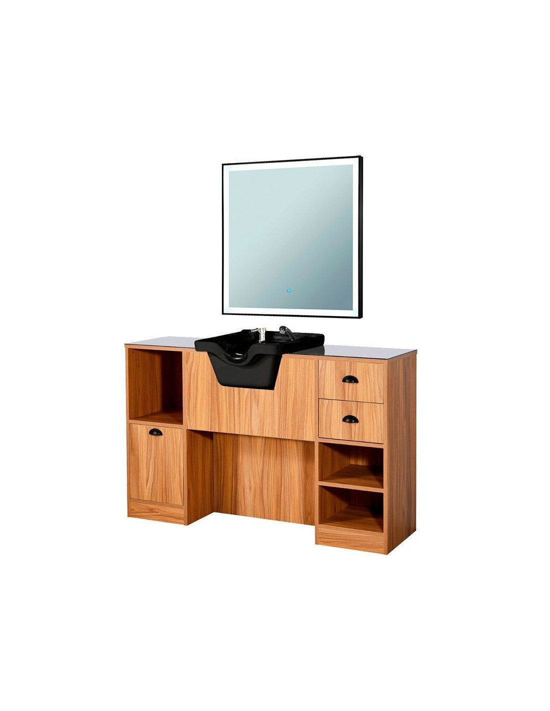 Postazione da barbiere in legno chiaro a LED 8B con lavandino e specchio