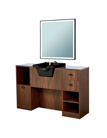 Estación de barbería 8B de madera oscura clara con lavabo y espejo