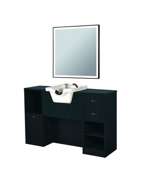8B Friseurstation, helles schwarzes Holz, mit Waschbecken und Spiegel