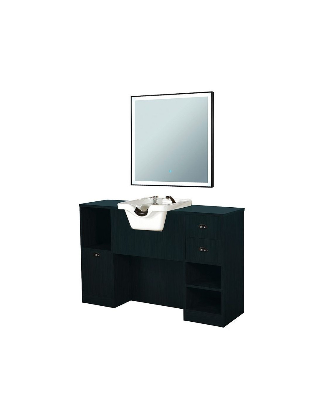 8B Friseurstation, helles schwarzes Holz, mit Waschbecken und Spiegel