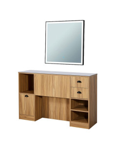 8B LED barbershop styling station in light wood – smart storage & illuminated mirror