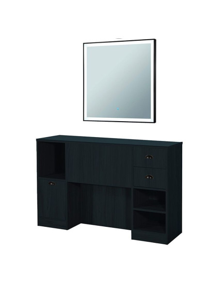 Station coiffage barbershop 8B LED Noir mat  – miroir & rangements pro