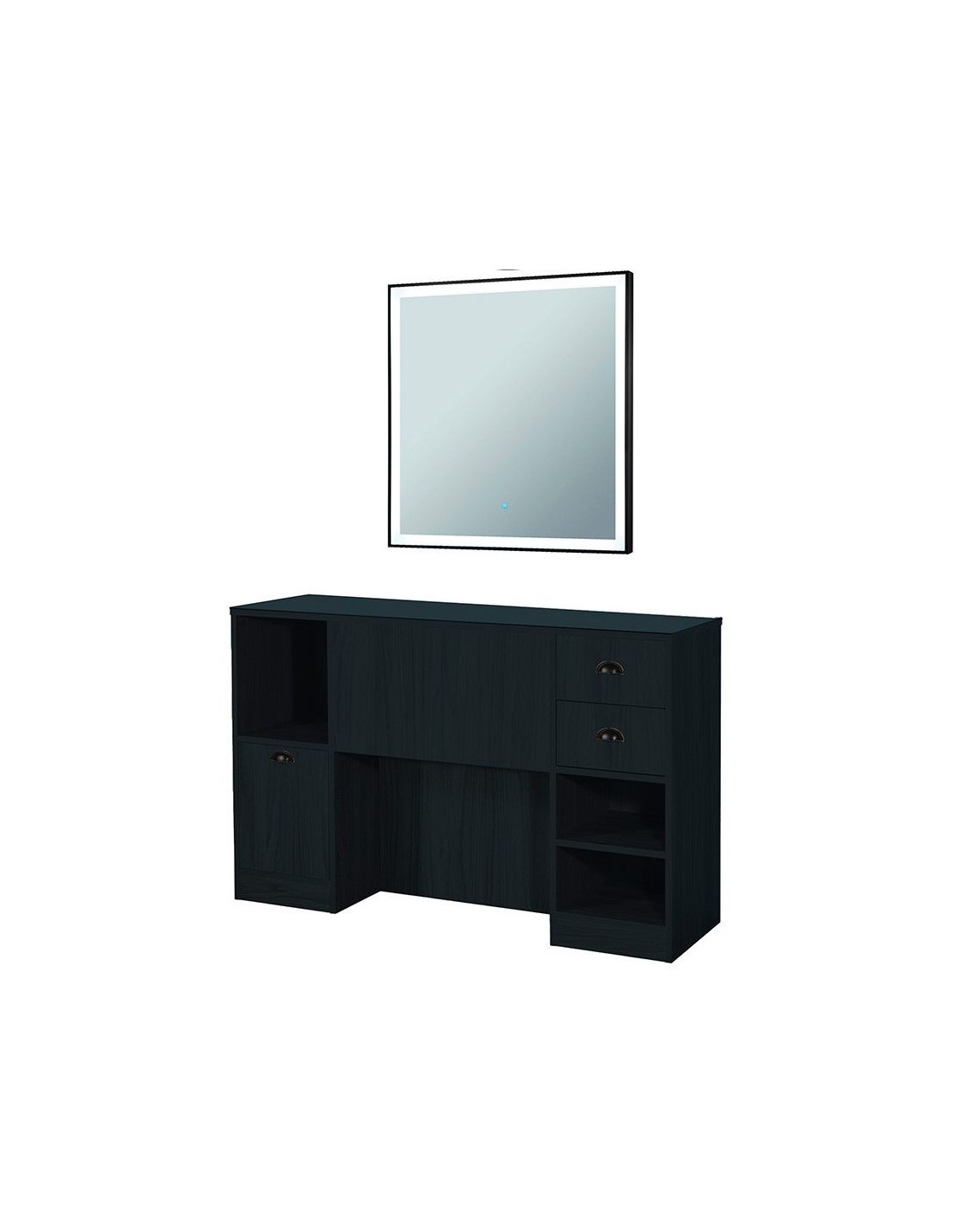 Station coiffage barbershop 8B LED Noir mat  – miroir & rangements pro