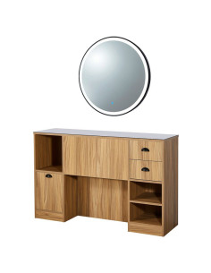 Station coiffage barbershop 8B LED bois clair – miroir rond & rangement pro