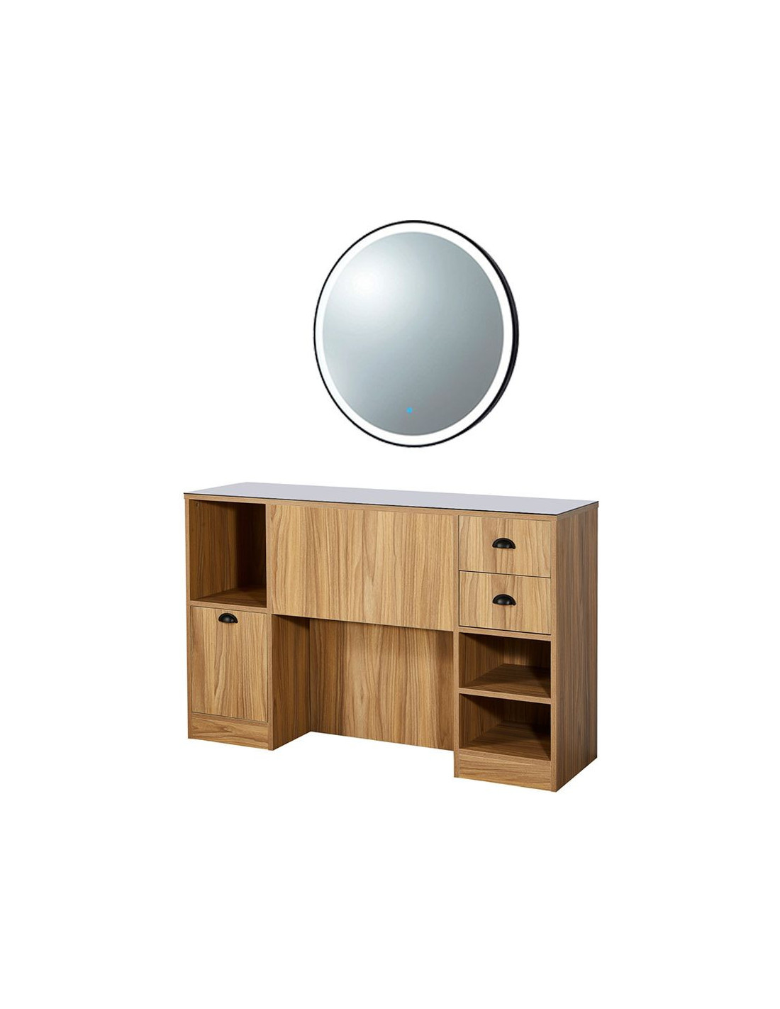Postazione di styling 8B LED nero opaco – Specchio rotondo e contenitore