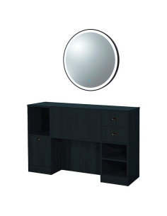 Station coiffage barbershop 8B LED Noir Mat – miroir rond & rangement pro
