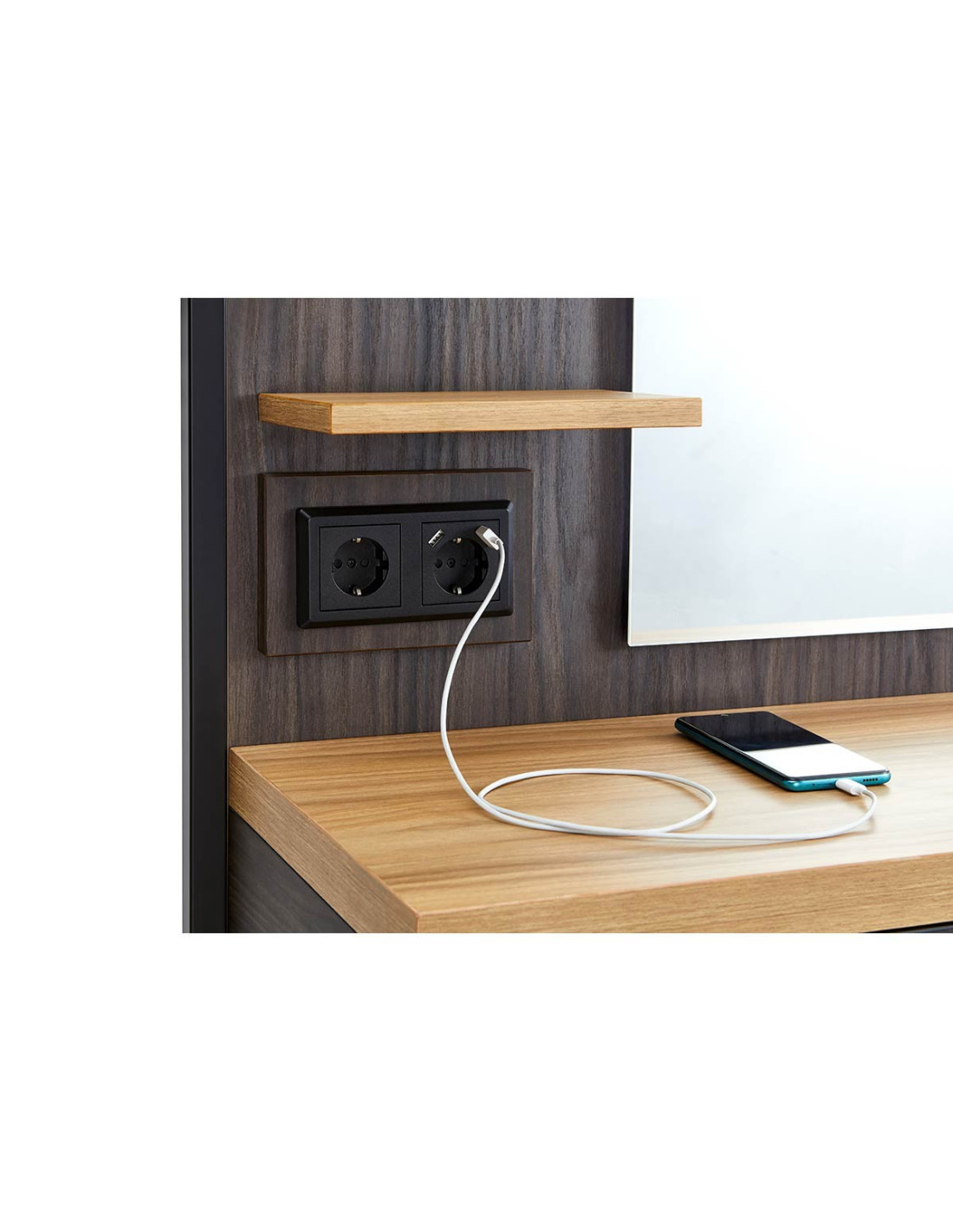 Elektrischer Friseurplatz im Milano-Stil zur Wandmontage – Holz & LED-Spiegel