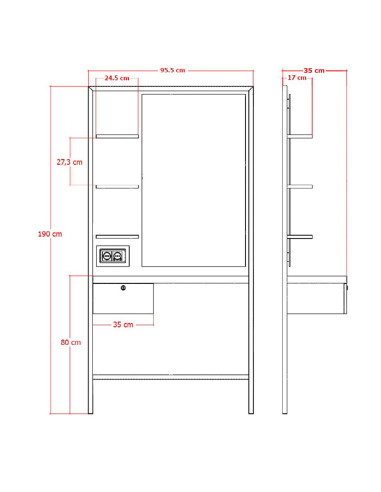 Postazione elettrica da parrucchiere a parete in stile Milano - Legno e specchio LED