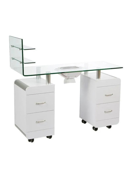 WKM014 Professional Manicure Table – White Wood & Tempered Glass with Extractor and Storage